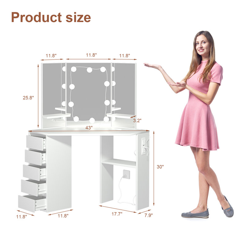 Bureau de coiffeuse élégant avec miroir lumineux - coiffeuse de maquillage spacieuse, éclairage à DEL réglable pour le rangement dans la chambre et multi-usage