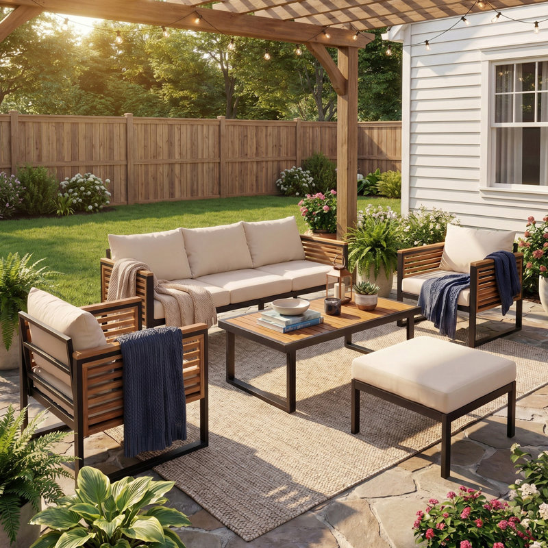 Ensemble de meubles en bois d'acacia 5 pièces, canapé pour conversation avec table basse et repose-pieds, ensemble de canapé d'extérieur 3 places pour le jardin