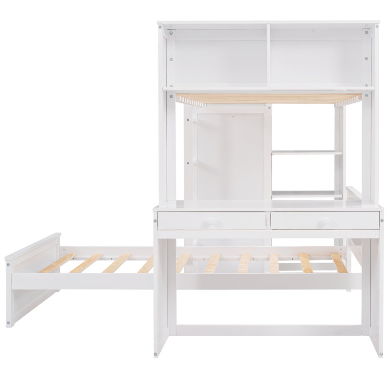 Lit superposé en forme de L avec bureau, bibliothèque et armoire Hasel, Double sur double, Espresso