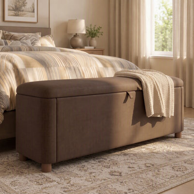 Banc ottoman de rangement en velours capitonné avec pieds en bois d'hévéa massif