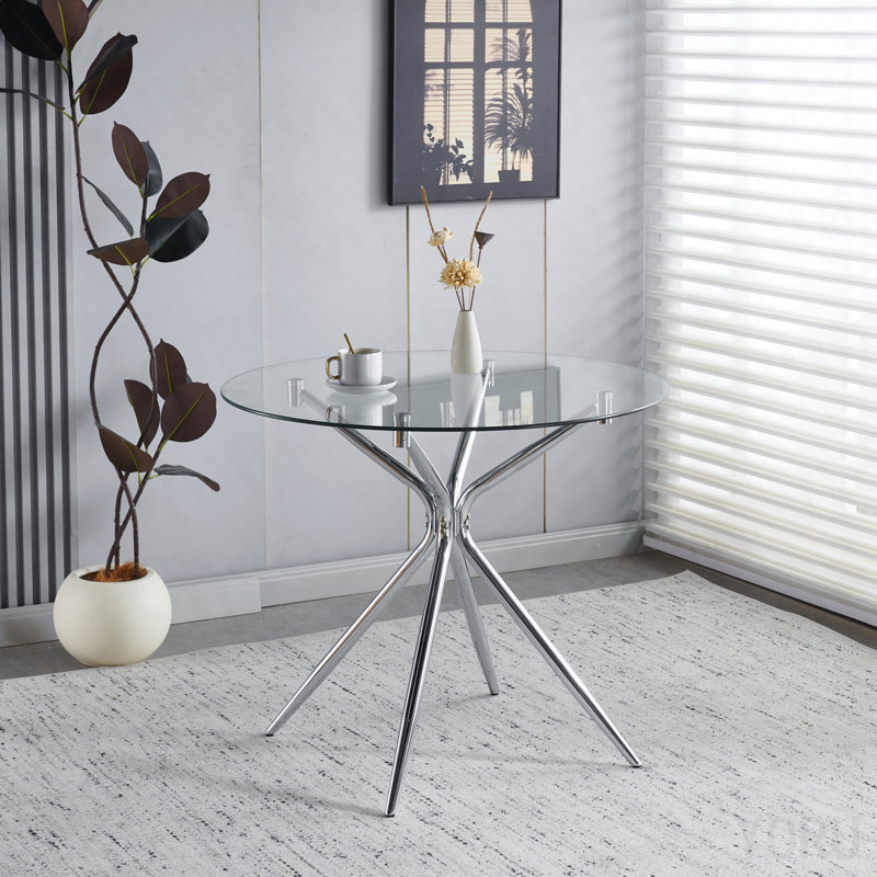 Table de salle à manger avec pieds en métal chromé et verre trempé, table de cuisine moderne pour le salon - pieds en métal chromé