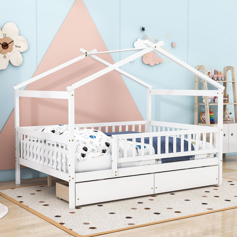Lit en bois en forme de maison avec tiroirs de rangement pour la chambre à coucher, Double, Blanc