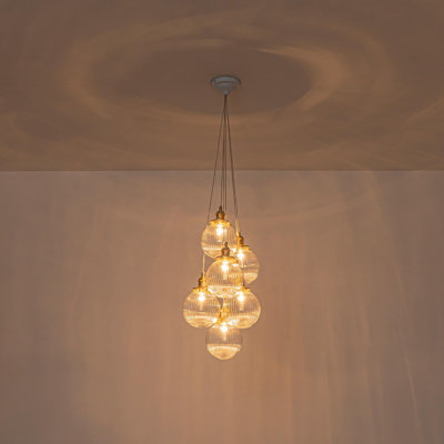 Lustre sphérique 6 lumières blanc mat linéaire linéaire en verre transparent à rayures pour salle à manger et îlot de cuisine