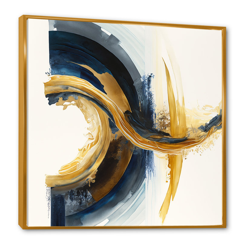 «Blue and Gold Swirl Abstract III», peinture sur toile, Cadre flottant doré, H 16 po x l 16 po x P 1 po