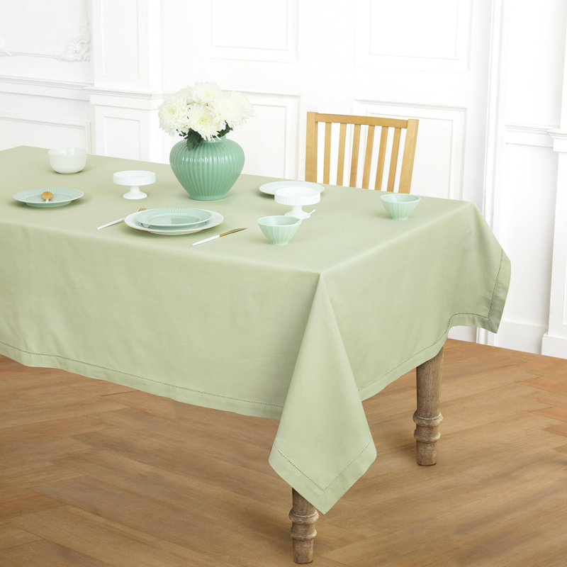Cotton Linen Hemstitch Tablecloth, 104" x 60", Sage