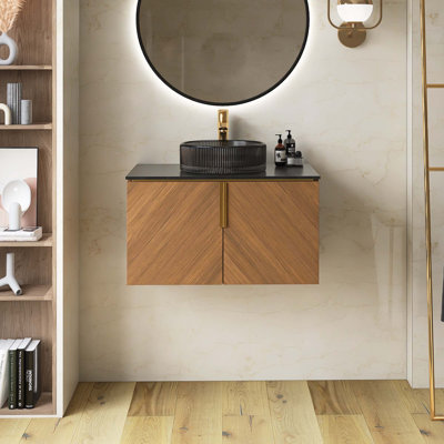 Meuble-lavabo mural en contreplaqué avec comptoir en pierre frittée noire et lavabo et portes ronds en céramique, couleur grain de bois chêne brun