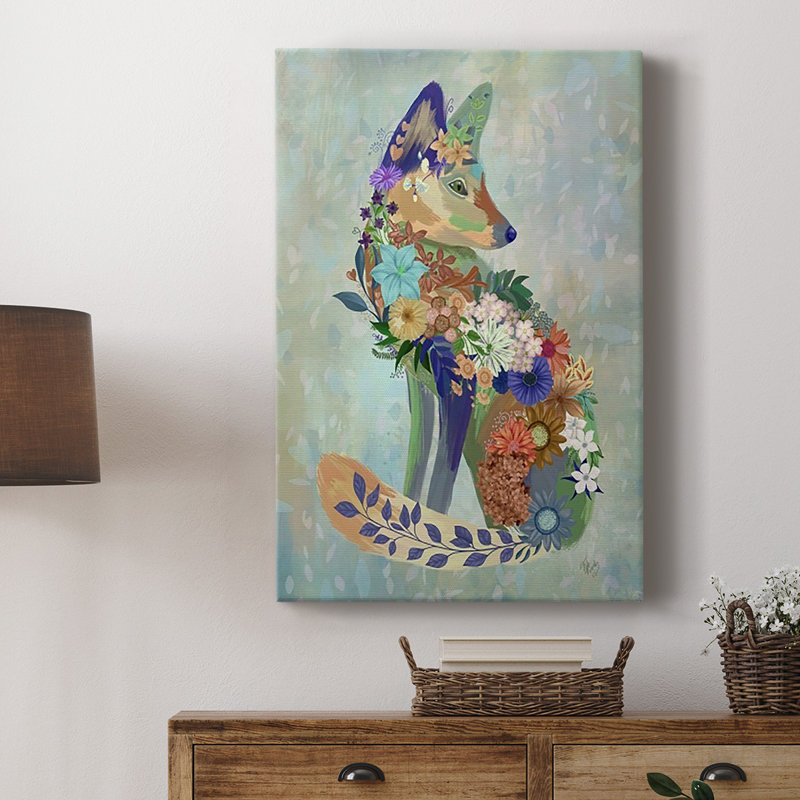 Fantastic Florals Fox, assis sur toile tendue avec châssis de qualité supérieure - prêt à être accroché