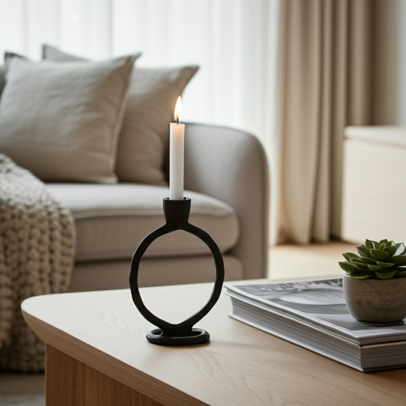 Round Ring Taper Candle Holder for Modern Home Decor - Sculptural Candle Holder for Tabletop Centerpiece and Living Room Decor - Black