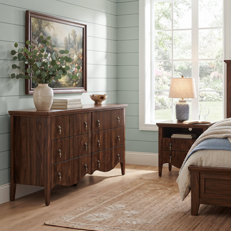 3-Piece Bedroom Furniture Set, 52" 6-Drawer Dresser and Two Nightstands with Charging Station, Fluted Wood Finish with Scalloped Apron, Walnut