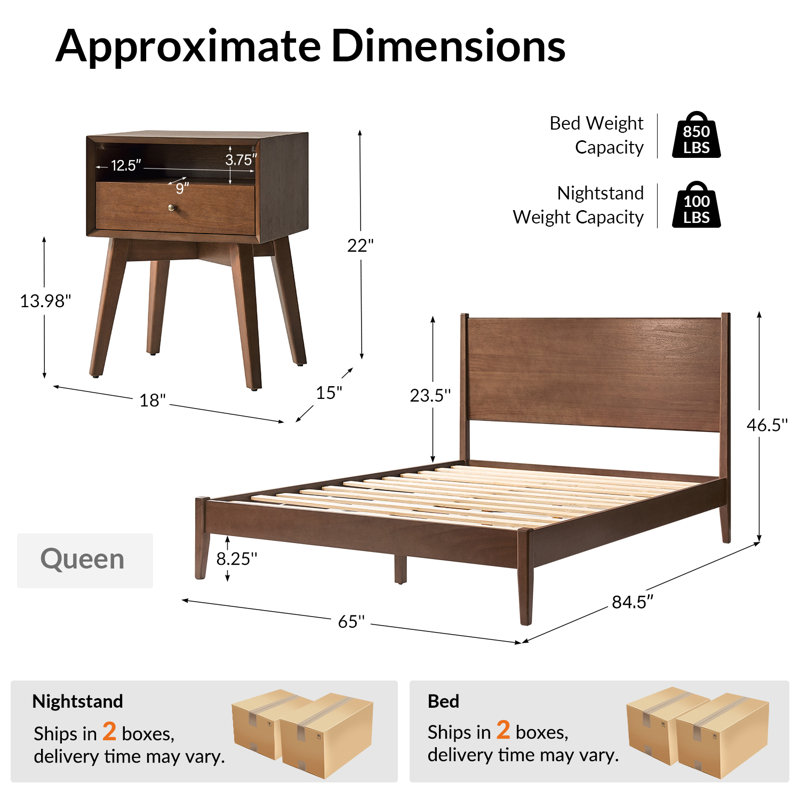 Boneva Mid-Century Modern 3-Piece Bedroom Set, Walnut, Queen