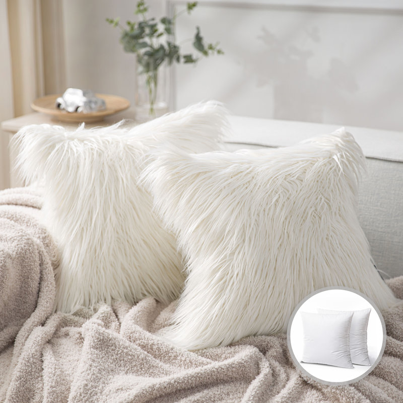 Faux Fur Square Throw Pillow Cover & Insert, Square 18", Off White, Pillow Cover & Insert