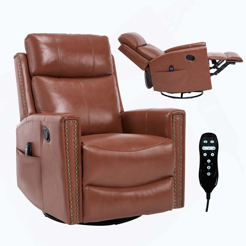Genuine Leather Heat Massage Manual Recliner Chair with Rocker & Swivel for Living Room, Red