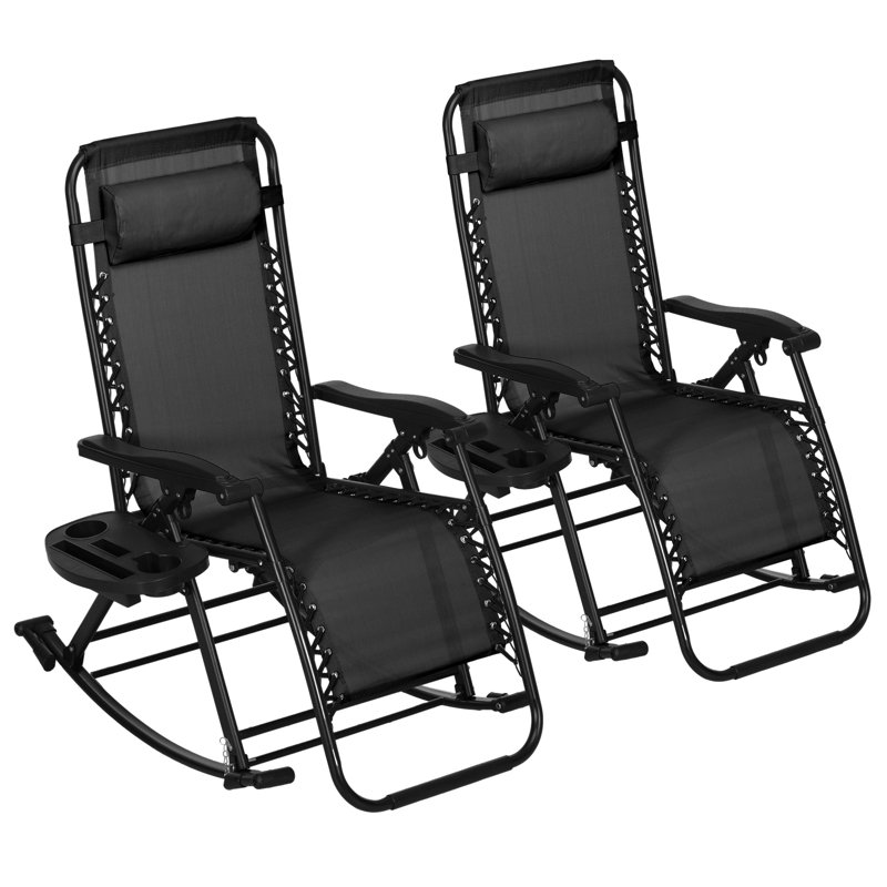 2 Outdoor Rocking Chairs Foldable Reclining Zero Gravity Lounge Rockers W/ Pillow Cup & Phone Holder, Black, Black