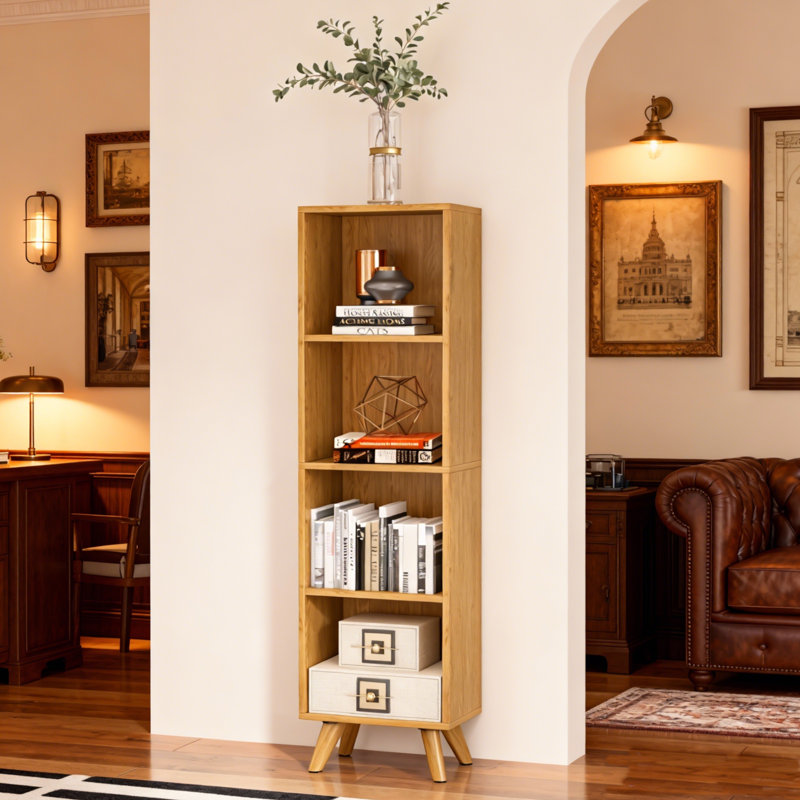 Ronald 4-Shelf Bookcase Cabinet with Adjustable Shelves and Sturdy Wooden Legs, 52.95"H x 14.57"W x 9.45, Oak