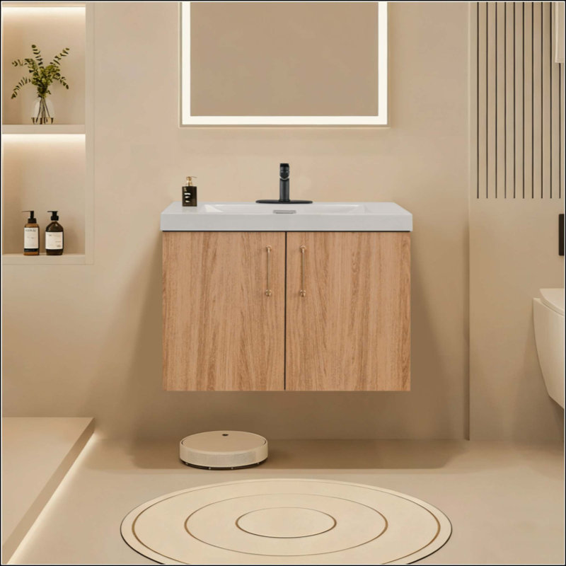 Ensemble de meuble-lavabo moderne avec lavabo, portes d'armoires flottantes murales, poignées dorées, ensemble de lavabo en résine blanche