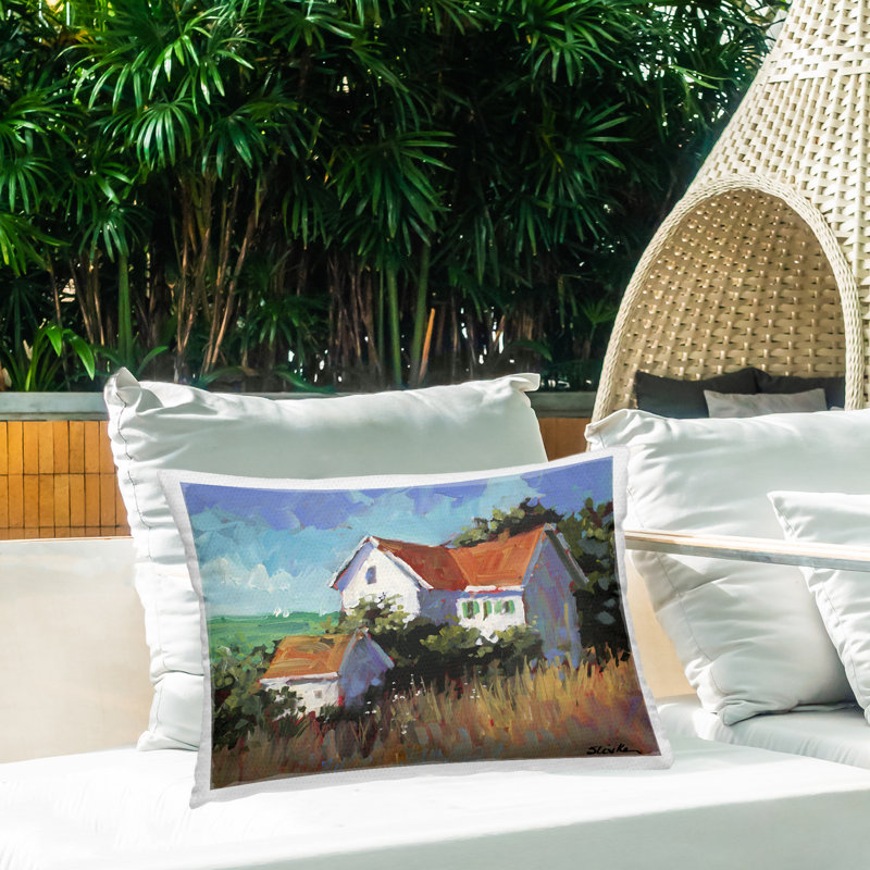 Conception de coussin d'extérieur imprimé bord de mer avec vue sur l'océan par JANE SLIVKA