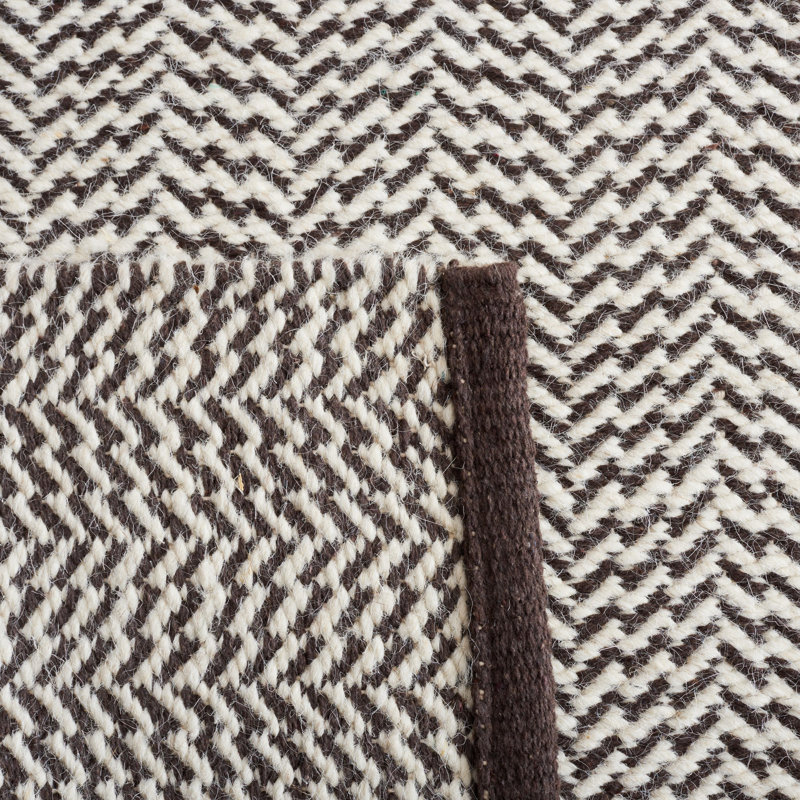 Vermont Hand Woven Cotton/Wool Geometric Rug in Brown/Ivory, Rectangle 5' x 8'