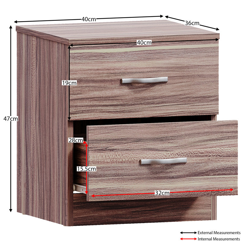 Maybery 2 Drawer Bedside Table, Bedroom Storage Cabinet, Walnut