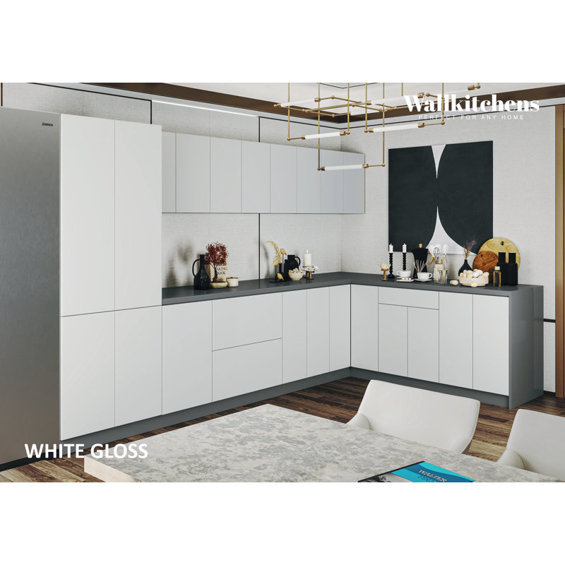 Cuisine complète moderne en panneau de fibres à densité moyenne (MDF) l 138 po x P 85 po WALLKITCHENS , Blanc lustré