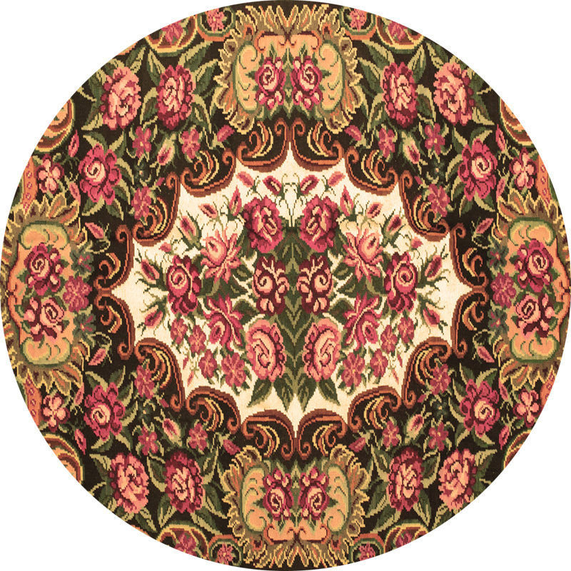 Tapis floral en laine / polyester tissé à la machine Pehanick de couleur saumon / olive / vert mer foncé, Rond 4 pi