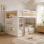 Structure de lit superposé double en bois avec rideaux de rangement, blanc-898246207-898246204