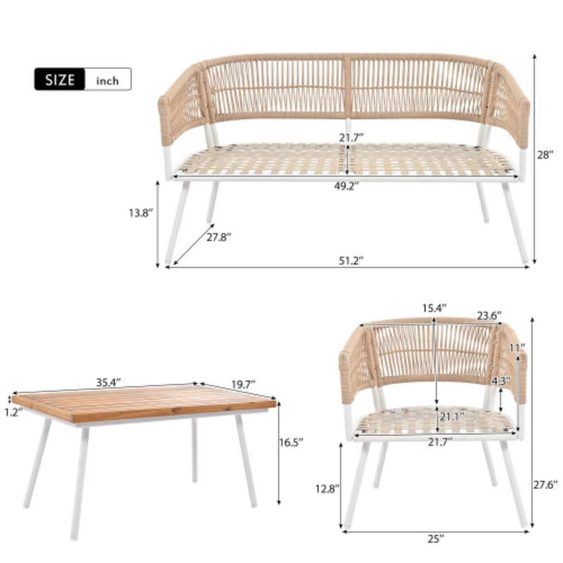 Ensemble de conversation 4 pièces corde de patio en bois d'acacia avec coussin épais beige pour la cour extérieure, Beige