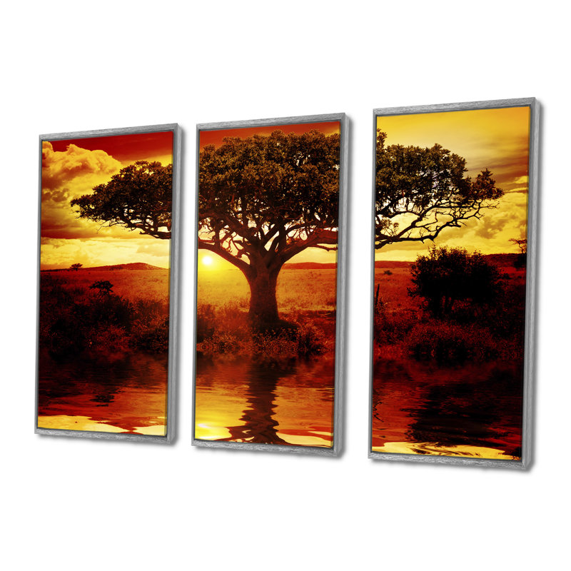 «Lonely Tree In African Sunset», ensemble de 3 reproductions d'art encadrées sur toile, H 32 po x l 48 po, Argent argent