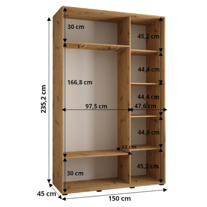 2 Door Laminate Wardrobe, Natural, 235cm H x 150cm W x 45cm D
