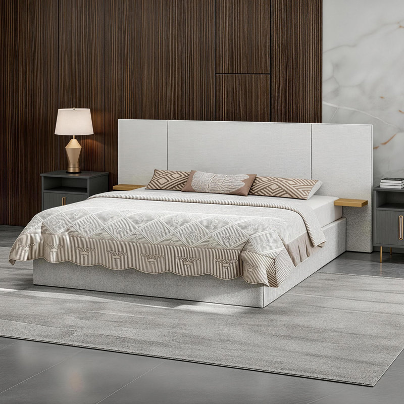 Upholstered Panel Bed with Oversized Headboard and Side Ledges, King