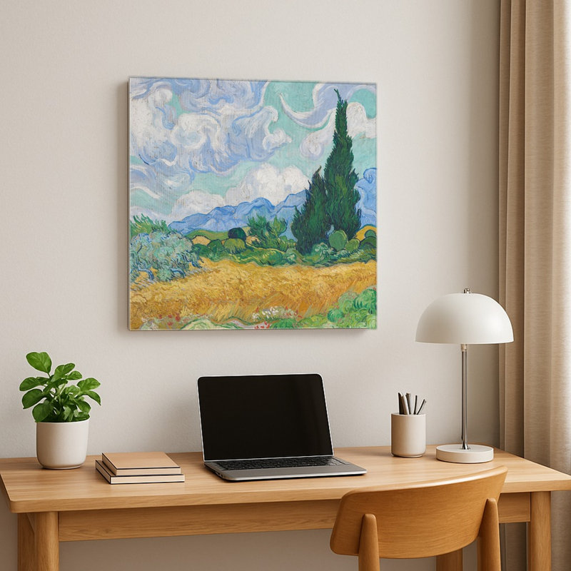 Champ de blé avec cyprès (1889) — Tableau carré mural en métal, H 8 po x l 8 po