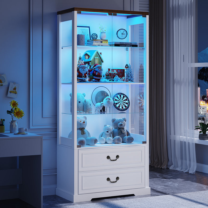 Vitrine en verre 66 po avec 2 tiroirs et 4 niveaux de rangement avec 3 lumières DEL de couleur, Brun / Blanc
