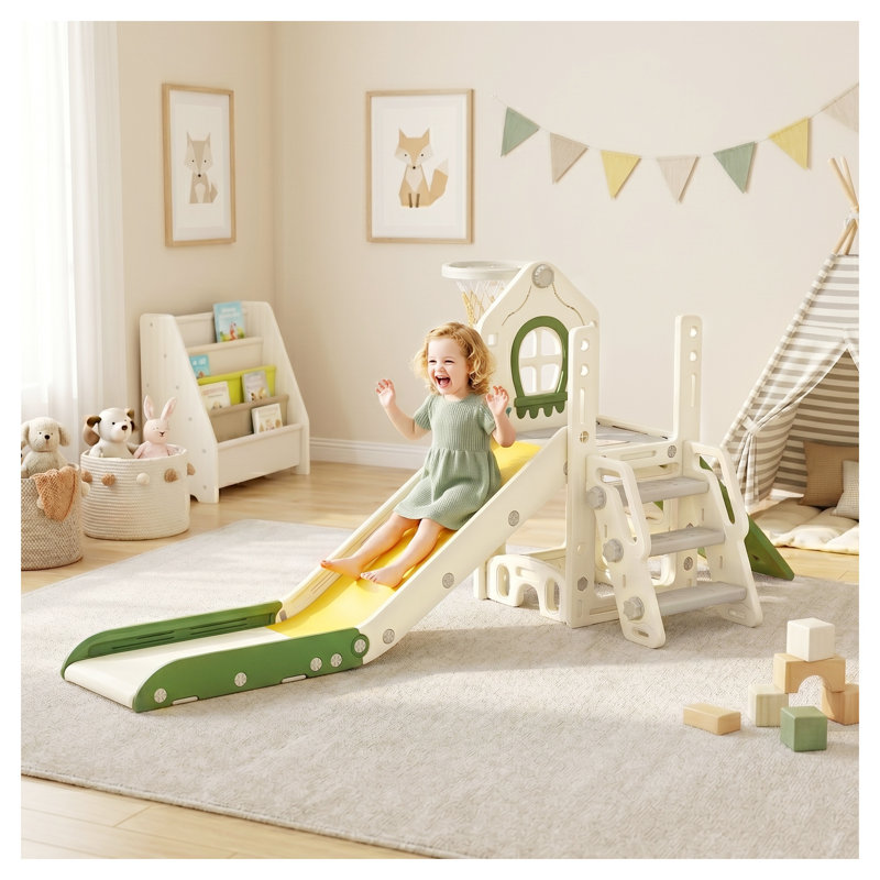Ensemble de jeu de glissade et d'escalade pliable pour tout-petits Qabo 5 en 1 avec panier de basketball et panier de rangement, blanc crème