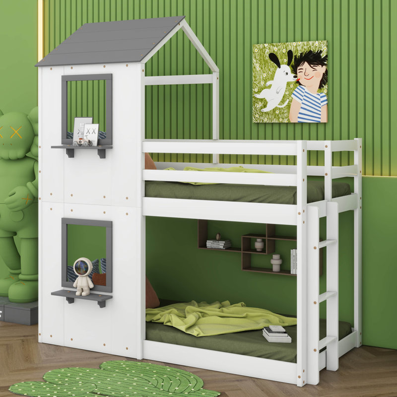 Charmant lit superposé simple au-dessus de simple en bois avec toit, Blanc