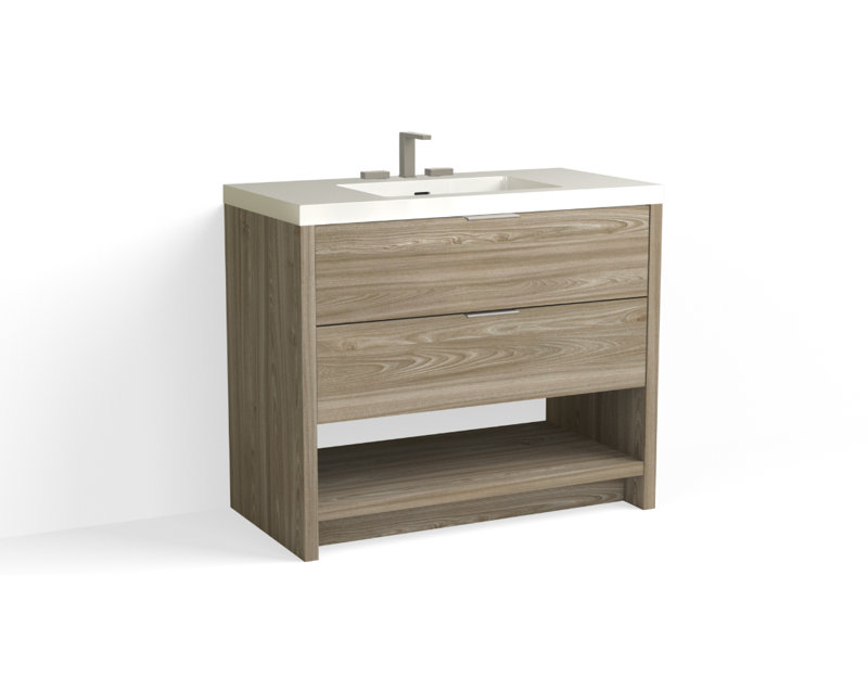 Vue 42" W Freestanding Single Bathroom Vanity, Glossy White/8" Widespread, Nimbus, Matte Black