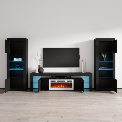 Soleo Entertainment Center for TVs up to 88"" with Electric Fireplace Included -  Meble Furniture, SOLEO-WHEF-BKBK-ENT-BLACK