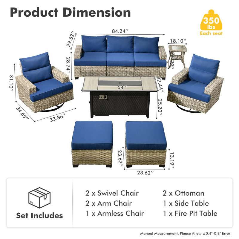7- Person Rattan Outdoor Seating Group With Swivel Rockers and Fire Pit Table, Navy