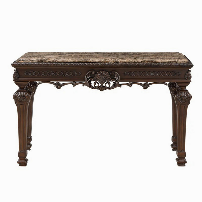 Console traditionnelle en bois massif avec plateau en marbre, table d'entrée de salon sculptée à la main, cerisier