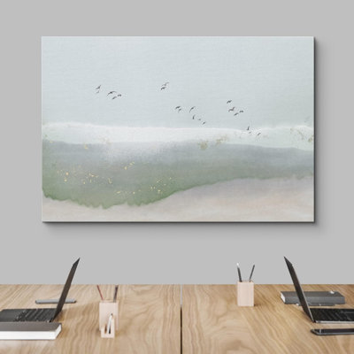 Gris et vert, aquarelle, ciel, oiseaux, formes abstraites, illustrations, art moderne, bohème, scénique