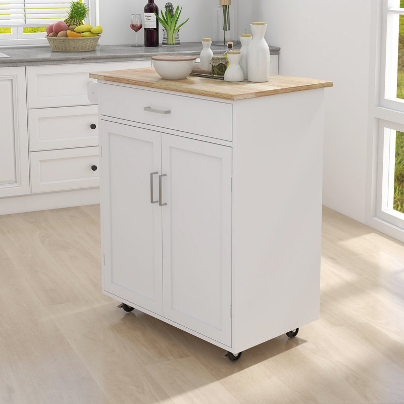 Îlot de cuisine avec chariot à roulettes avec tablettes réglables et plateau à serviettes en bois d'hévéa
