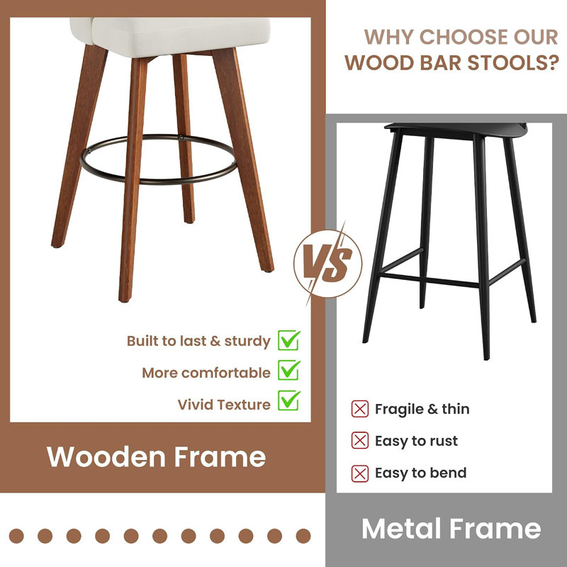 Ensemble de 4 tabourets de bar de 66 cm (26 po) de hauteur comptoir, pivotants à 360°, blancs | Chaises de bar rembourrées en lin avec dossier et pieds en bois, pour îlot de cuisine