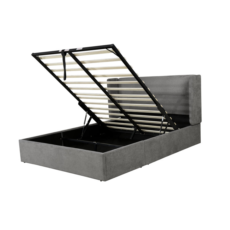 Lit plateforme tapissier avec rangement Gaillarde, Double, Bleu brume grisâtre