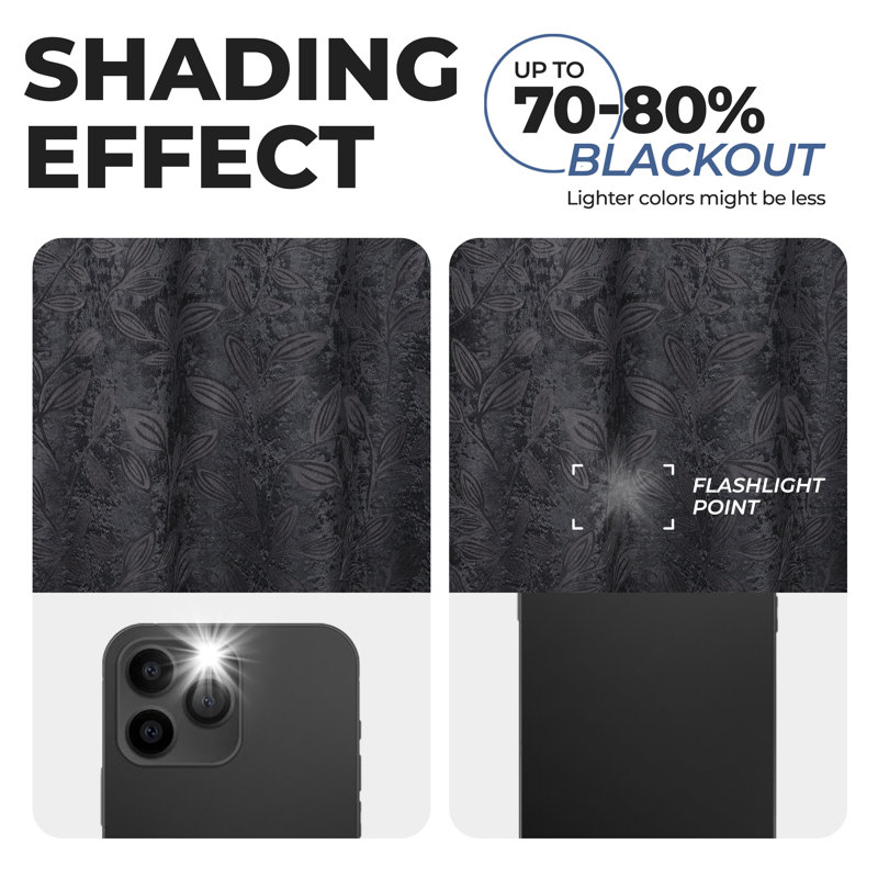  Modern Bohemian Leaves Pattern 100% Polyester Machine Washable Room Darkening Blackout Curtains, 26" W x 84" L, Black