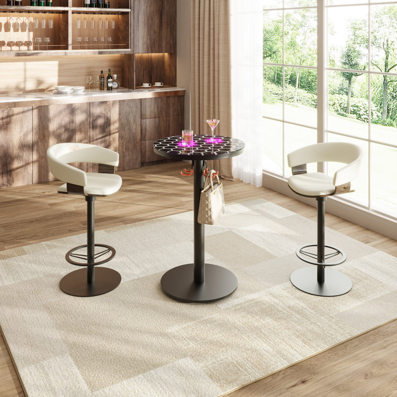 24''W Glass Top Round Bar Table Interactive Cocktail Table With Touch-Sensitive LED Lights & Hook For Kitchen Bistro, Parties