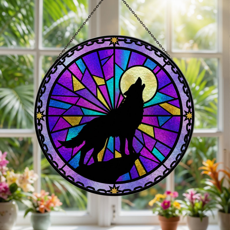 Panneau de vitrail 12 "H Wolf Moon