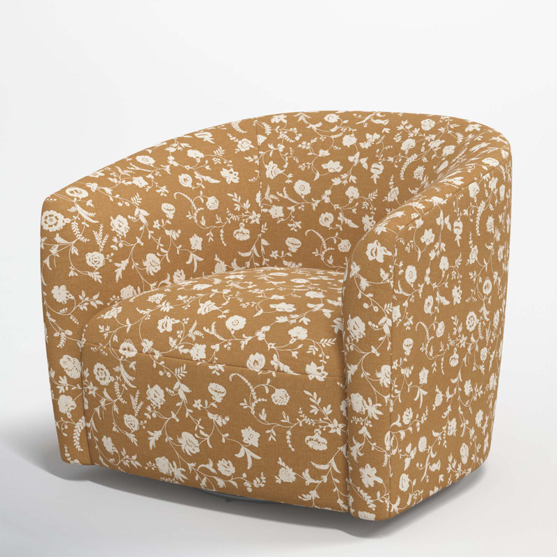 Fauteuil demi-tonneau pivotant rembourré Marita, Floral Robina ocre