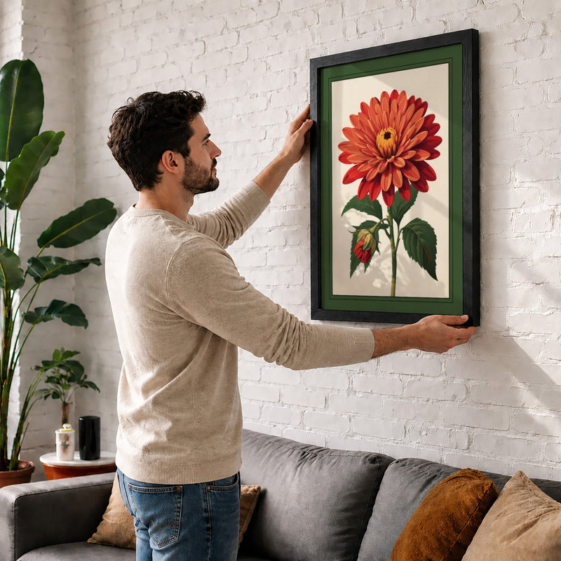 Red Dahlia Study Botanical - Print, Oak, A4 - 29.7 x 21.0 cm
