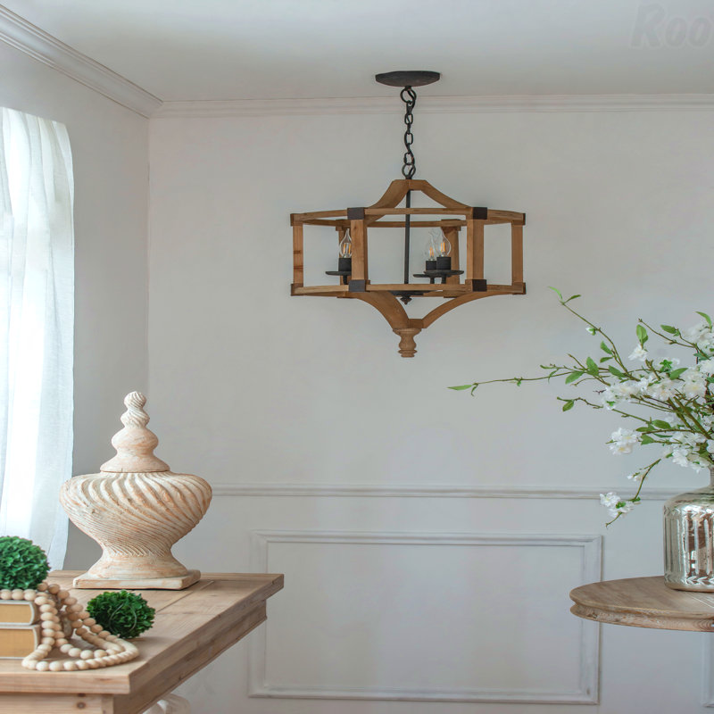 Lustre - luminaire suspendu tambour en bois 3 lumières, chaîne réglable