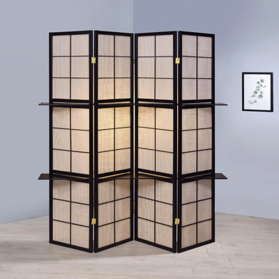 Tan And Cappuccino Folding Screen With Shelves, Improves Decorative Look 4 In Storage Transitional Style