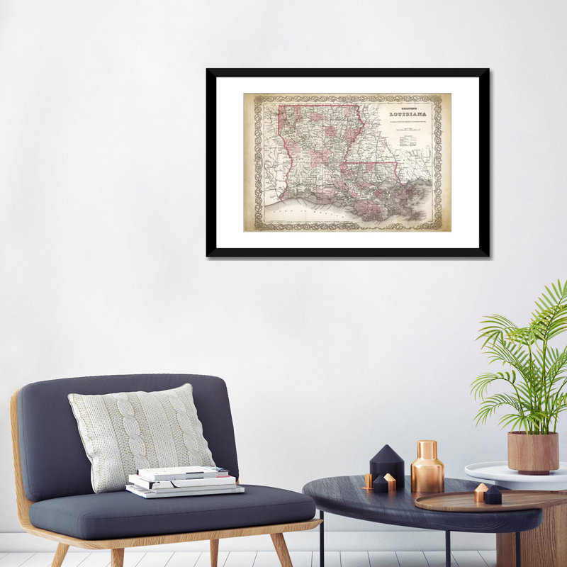 « louisiana map, 1886 », impression sur toile, H 16 po x l 24 po x P 1 po, Papier beaux-arts encadré noir, Blanc