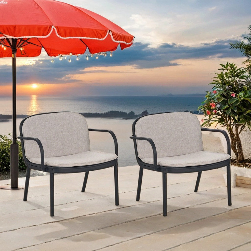 Set of 2 Weather-Resistant Outdoor Chairs with Water-Repellent Cushions, Beige, Black